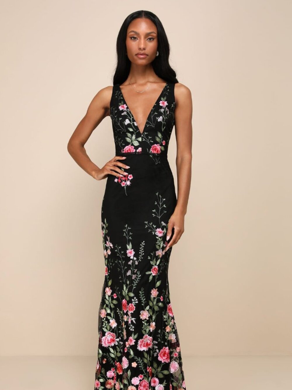 Lulus Soiree Blossom Black Floral Embroidered Mermaid Maxi Dress - Size S